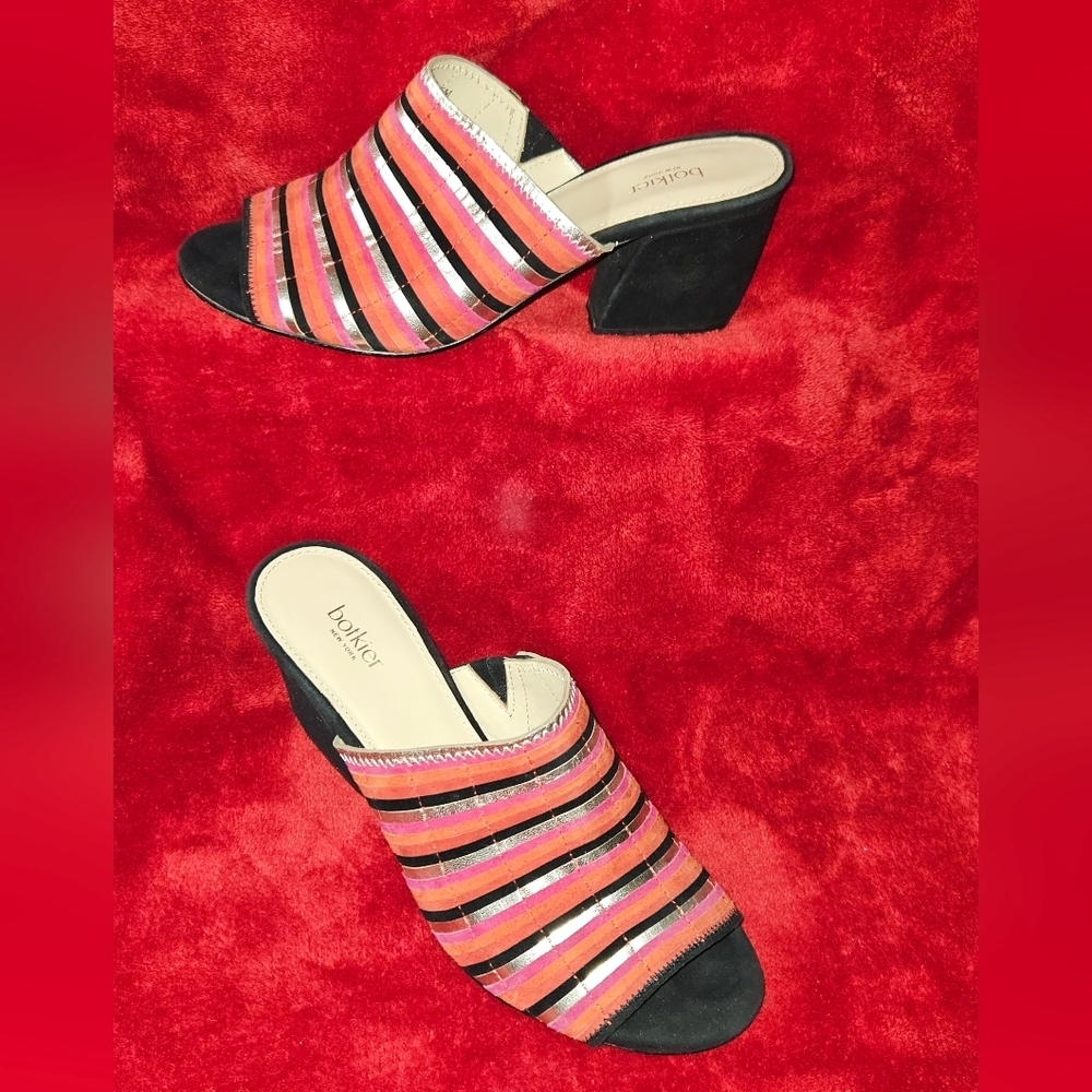 Botkier Posie Suede Leather Multicolor Striped Block High Heel Mules - Size 6.5